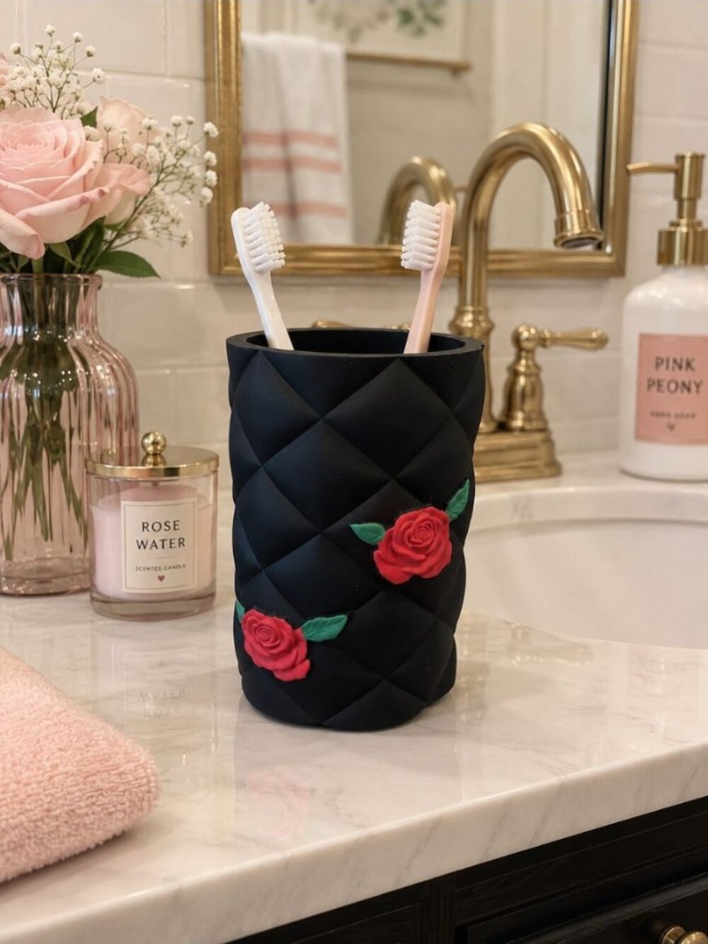 New Black Quilted Red Roses RoseTooth Brush Holder Storage